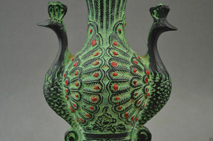 Exquisite Old Collectibles Bronze Carve Pair Auspicious Peacock Rare Noble Vase