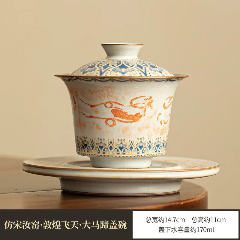 Jingdezhen Ceramics Rubbing Dunhuang Tureen Tea Set Bamboo Hat Horseshoe Gaiwan