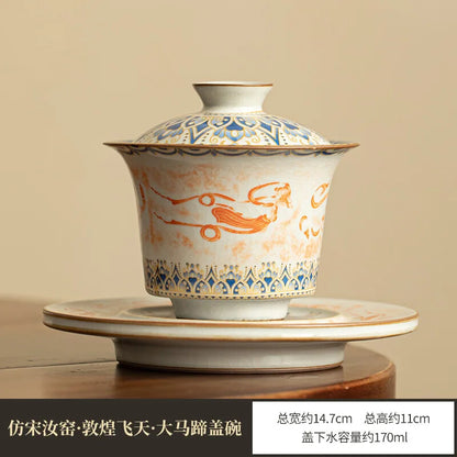 Jingdezhen Ceramics Rubbing Dunhuang Tureen Tea Set Bamboo Hat Horseshoe Gaiwan