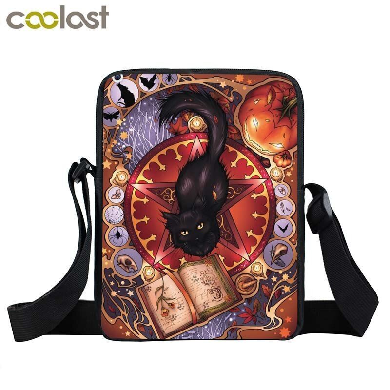 Witch Black Cat Messenger Bag Clutch Canvas Crossbody Shoulder Bags Travel Small
