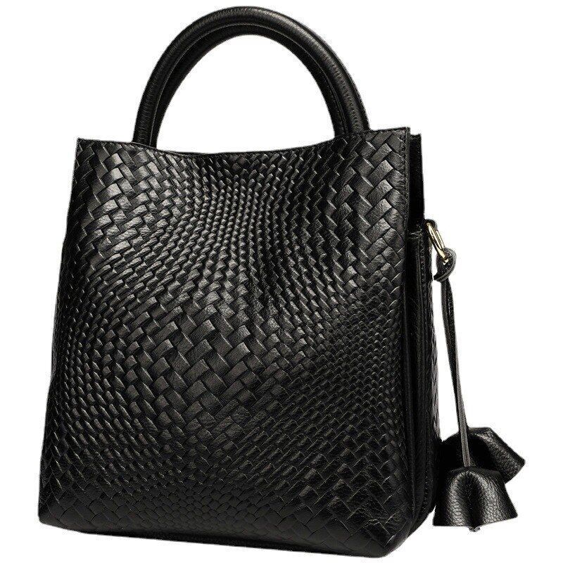Fashion Bucket Bag Genuine Leather Handbag Purses Soft Casual Tote Bags Cotton