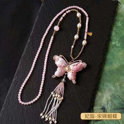 Brocade Butterfly Necklace Chinese Style Cheongsam Hanfu Pearl Chain Pendant
