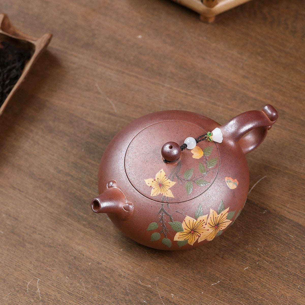 Handpainted Floral Relief Yixing Zisha Tea Pot Ball Shaped Infuser Holes Marked