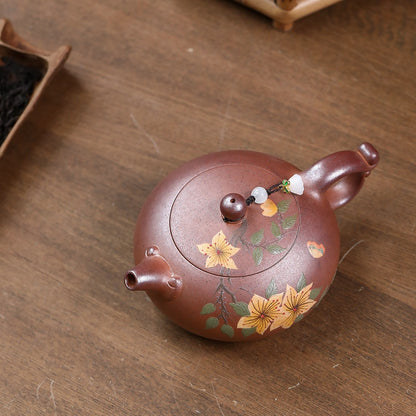 Handpainted Floral Relief Yixing Zisha Tea Pot Ball Shaped Infuser Holes Marked
