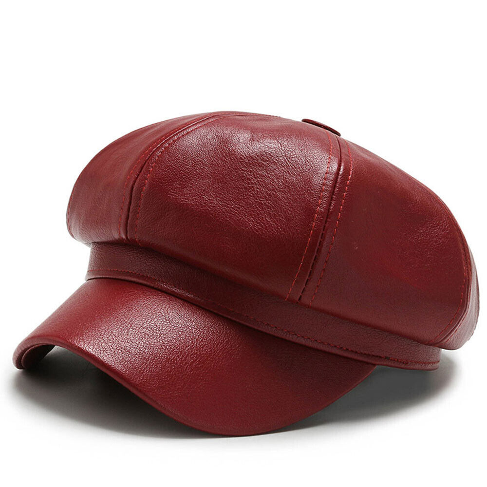 Womens Octagonal Cap PU Leather Cap Duck Tongue Cap Beret Fashion Winter Hat