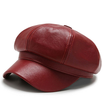 Womens Octagonal Cap PU Leather Cap Duck Tongue Cap Beret Fashion Winter Hat