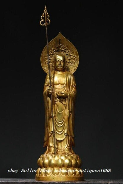 14" Old Tibet Buddhism Copper Gilt Stand Ksitigarbha Boddhisattva Buddha Statue
