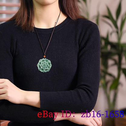 Burmese Natural Jade Lotus Pendant Jewelry Necklace Jadeite Green Emerald