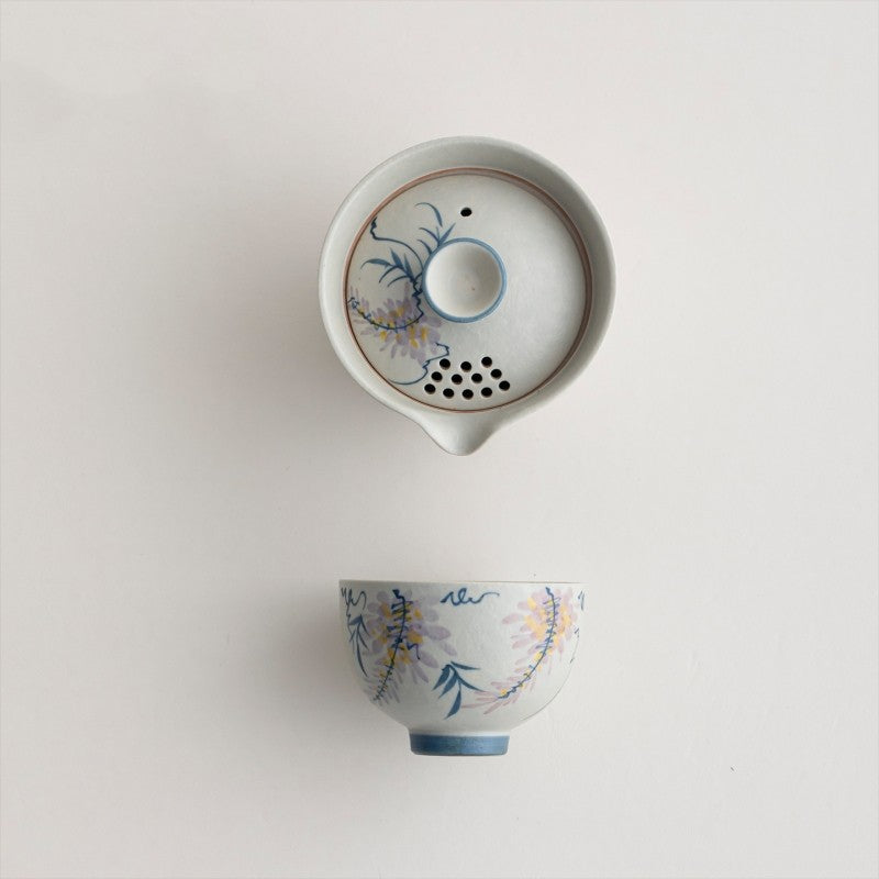Portable Tea Set Ceramic Handpainted Tea Pot With Infuser Lid Matching Tea Cup
