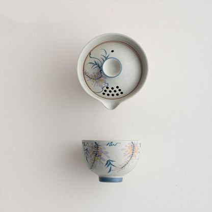 Portable Tea Set Ceramic Handpainted Tea Pot With Infuser Lid Matching Tea Cup