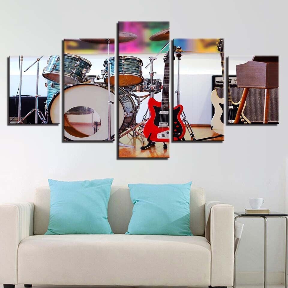 Music Instrument Drum Guitar Set Canvas Prints Painting Wall Art Home Decor 5PCS