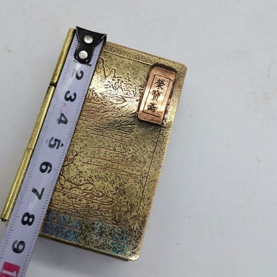 Vintage Brass Tobacco Box Landscape Relief Pure Copper Ink Cartridge Pipe Case