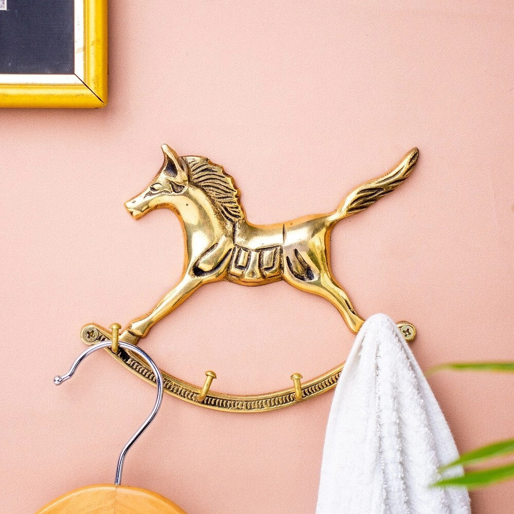 Golden Horse Wall Hanging Brass Hooks Hanger Clothes Coat Hat Key Holder