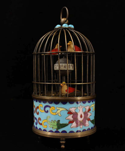 Old antique Cloisonne Enamel mosaic gem handmade bird cage Mechanical watch