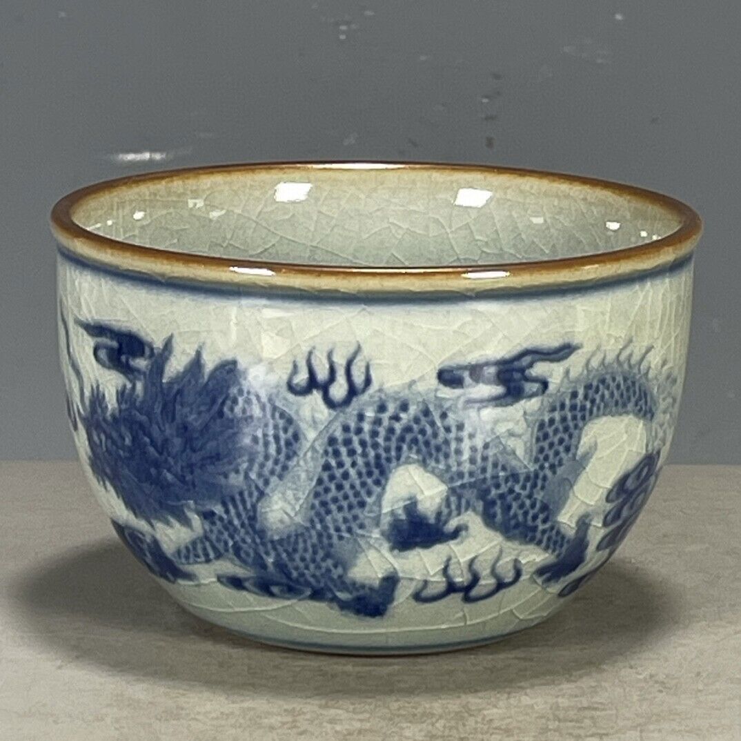 Chinese Porcelain Jingdezhen Blue And White Dragon Pattern Tea Cup 3.42 Inch Big