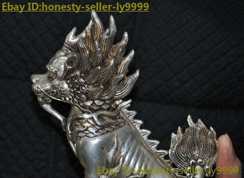 5.8" China Tibetan Silver Exorcize Kylin Kirin Chi-Lin Kilin Qilin Animal Statue