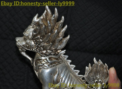 5.8" China Tibetan Silver Exorcize Kylin Kirin Chi-Lin Kilin Qilin Animal Statue