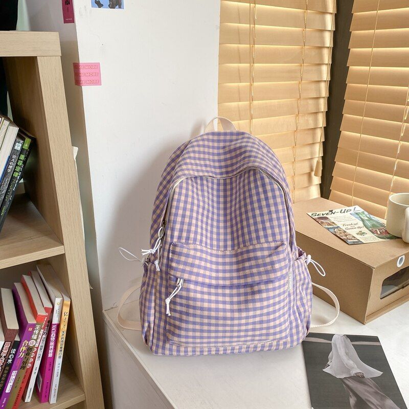 Waterproof Nylon Women Backpack Schoolbag Plaid Travel Book Bag Polyester 20-35L