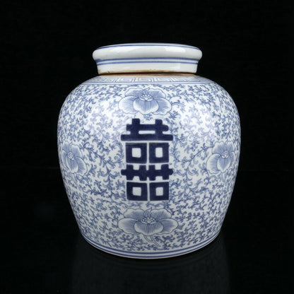Chinese Old Ancient Blue and White Porcelain Hand-painted Double Happiness Jar