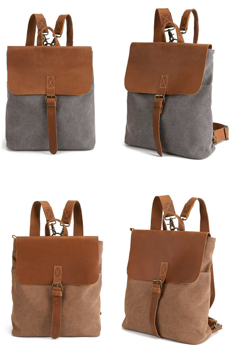 Convertible Canvas Real Leather Backpack Rucksack Daypack Satchel Shoulder Bag