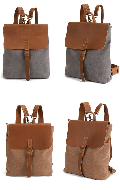 Convertible Canvas Real Leather Backpack Rucksack Daypack Satchel Shoulder Bag