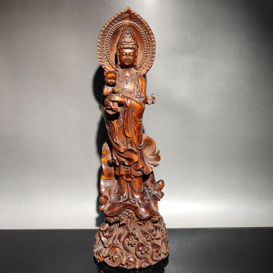 vintage wood carving praying decor wooden Boxwood Children Kwan-yin statue Guan