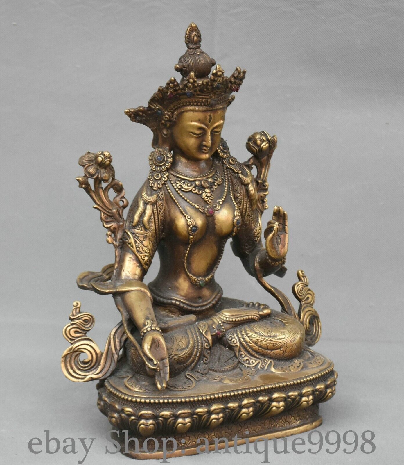 12.5'' Old Tibet Bronze Gilt White Tara Mahayana Buddhism Enlightenment Statue