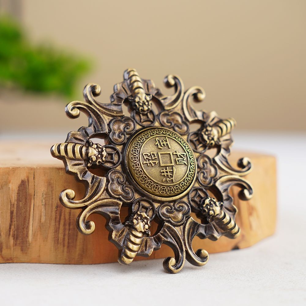 Brass Five Blessings Spinning Coin Hand Piece Fengshui Fortune Fidget Toy 6.8cm