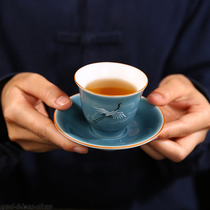 Chinese Tea Cup Crane Print Under Glaze Porcelain Kungfu Cup Of Tea Coaster New