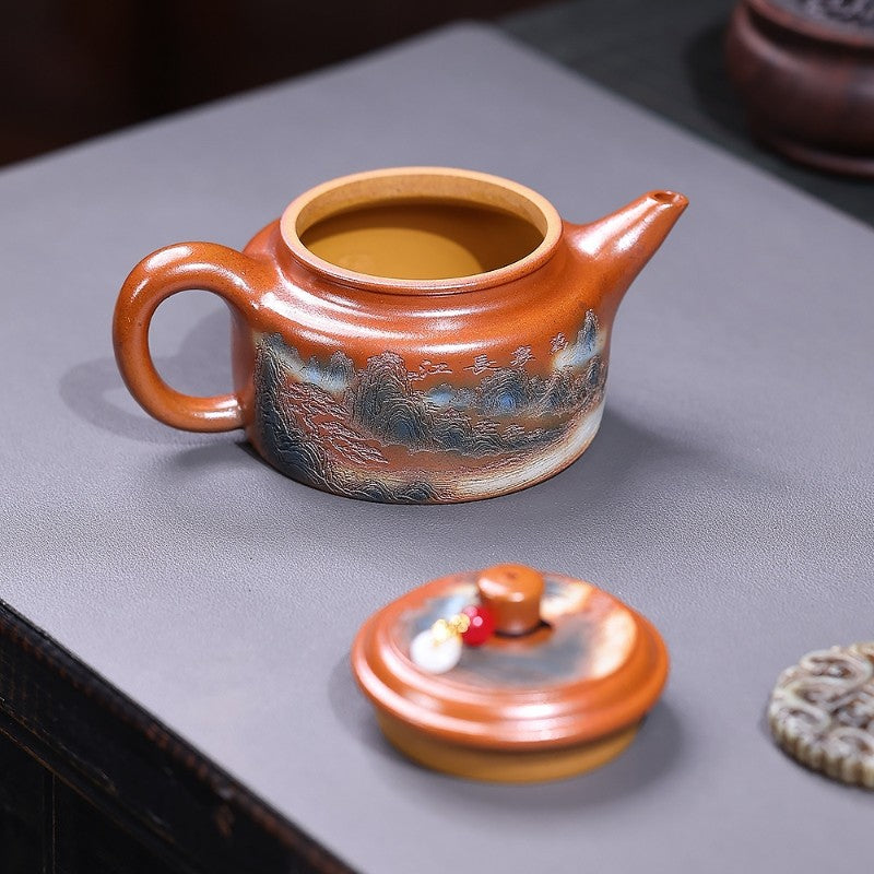 Dezhong Pot Mountain Carved Handmade Tea Pot On Sales 9 Infuser Holes Yixing Pot