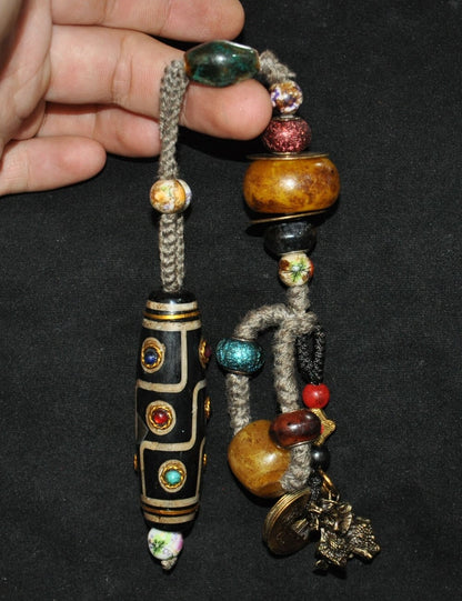 Collect Rare Authentic Old Tibet tibetan agate dzi Inlay gem Pray beads Antiques
