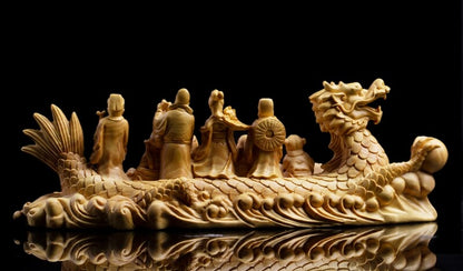 Boxwood Carved Eight Immortals Cross the Sea Statue Dragon Boat Feng Shui Decor