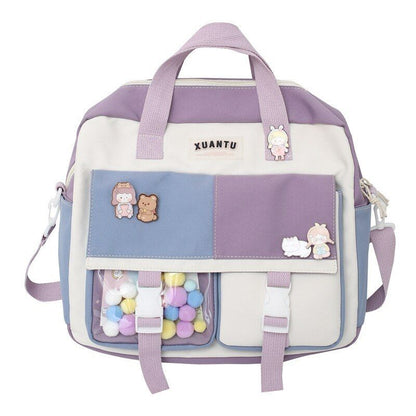 Contrast Color Backpack Multifunctional Nylon Fabric School Bag Purple/Pink/Blue