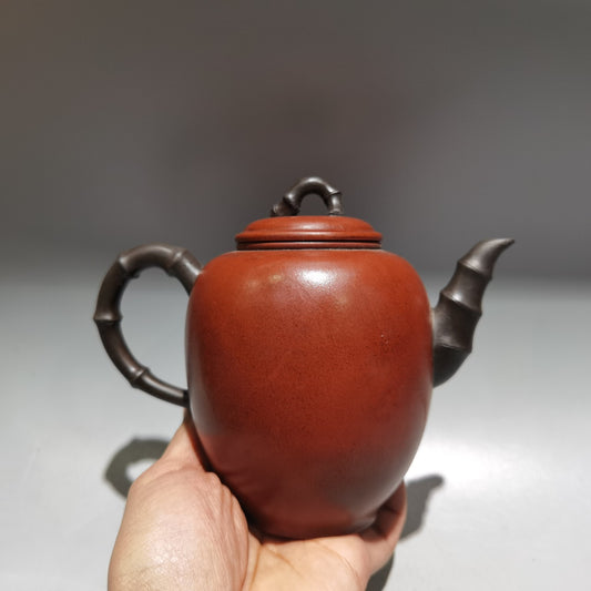 6.6" Chinese Yixing Zisha Pottery Red Clay 400CC Hand Made Bamboo Joint Teapot