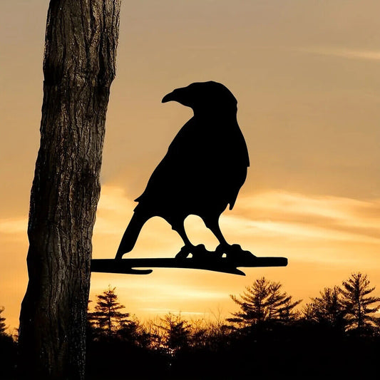 Crow On Branch Steel Silhouette Metal Wall Art Garden Yard Patio Statue Stake