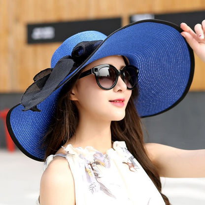 Outdoor Seaside Woman Fashion Big Bow Large Brimmed Cap Foldable Straw Hat
