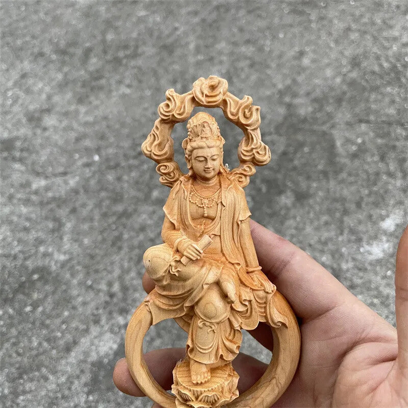 17*7.5*4.5cm Bodhis Wood Carving Auspicious Carving Buddhist Guanyin Figurine