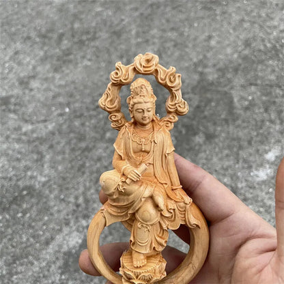 17*7.5*4.5cm Bodhis Wood Carving Auspicious Carving Buddhist Guanyin Figurine