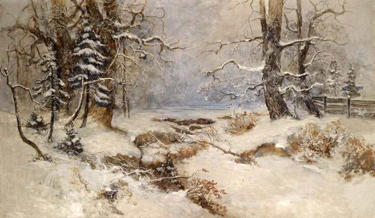 No framed Oil painting beautiful winter snow landscape with old trees in dusk