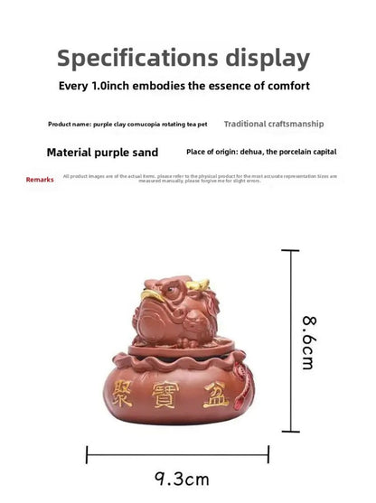 9.3cm Purple Clay Rotating Golden Toad Treasure Basin Tea Pet Handmade Statue