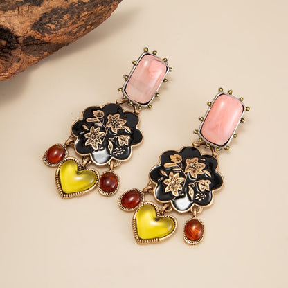 Spanish Vintage Court Gemstone Floral Heart Drop Earrings