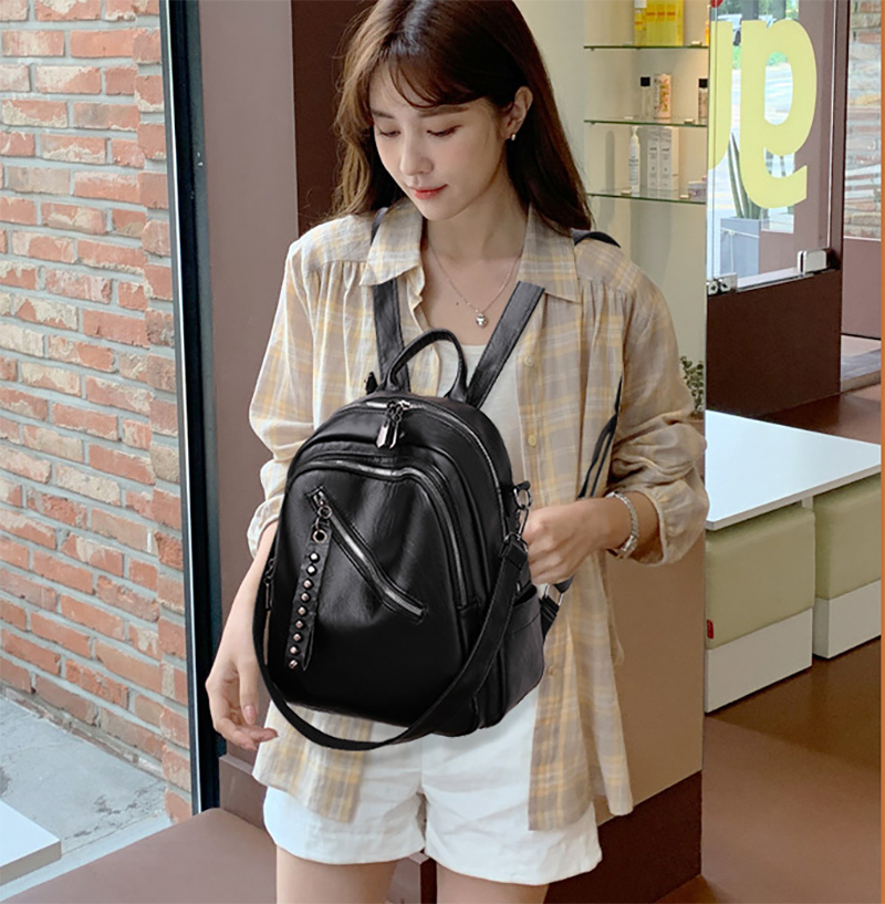 Large Capacity Black PU Leather Backpack Shoulder Bag Travel Rucksack Handbag