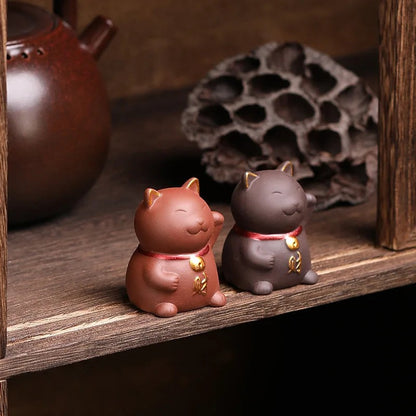 5.5cm Purple Sand Luck Cat Tea Pet Ornament Hand-carved Tea Play Decoration