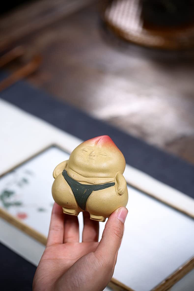 3.4" Handmade Tea Pet Sumo Fat Man Chinese Yixing Carved Peach Fengshui Teapot