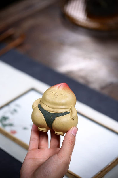 3.4" Handmade Tea Pet Sumo Fat Man Chinese Yixing Carved Peach Fengshui Teapot