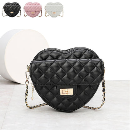 Small Mini Quilted Sheepskin Leather Heart Bag Clutch Shoulder Purse w/ Chain