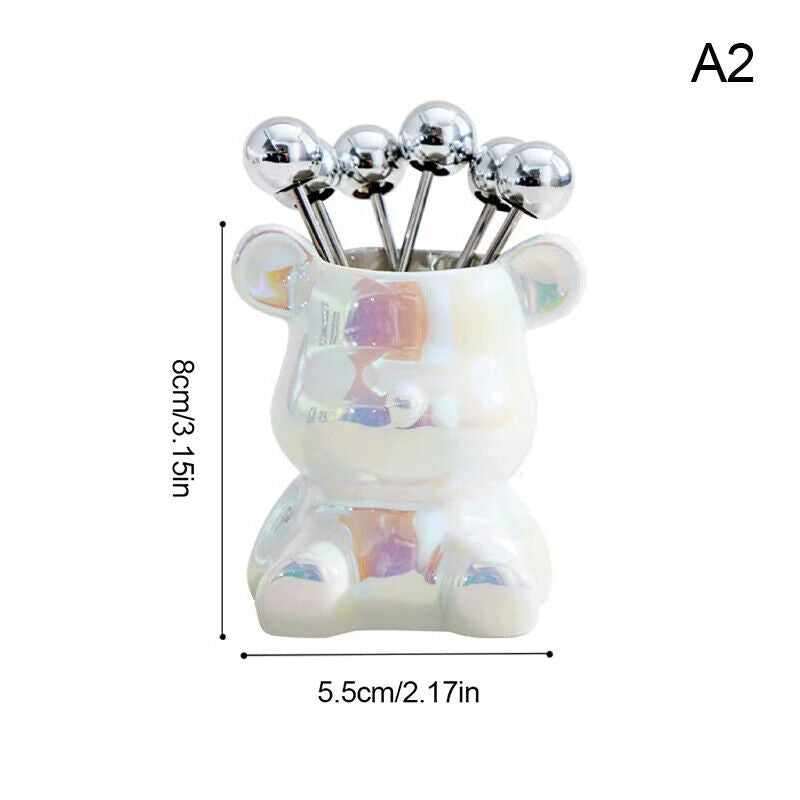 Dessert Forks 6Pcs Stainless Steel Fruit Pick W/ Storage Jar Bear Party Utensils