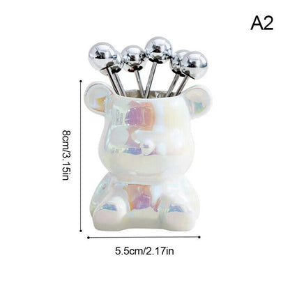 Dessert Forks 6Pcs Stainless Steel Fruit Pick W/ Storage Jar Bear Party Utensils
