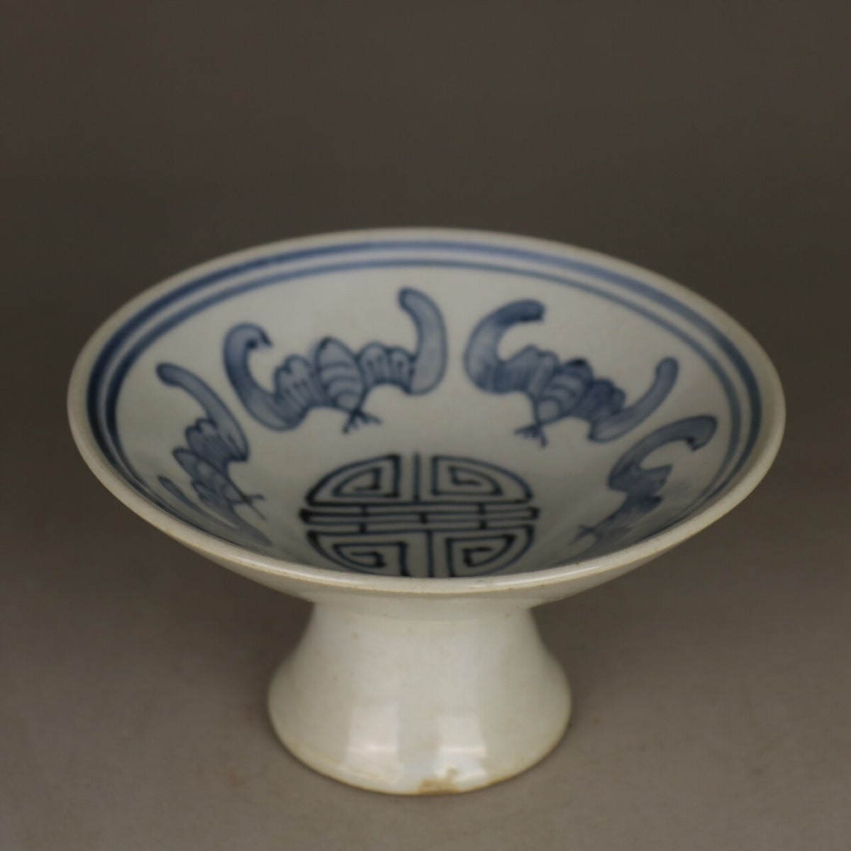 4.9" Chinese Qing Bluewhite Porcelain Animal Bat Longevity Grain High Foot Plate