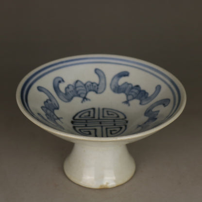4.9" Chinese Qing Bluewhite Porcelain Animal Bat Longevity Grain High Foot Plate